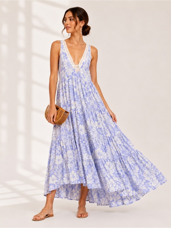 Free People Dresses & Skirts - Free People Tiers For You Maxi Dress M Blue Floral Crochet Boho Cottagecore